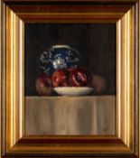 ‡ CAROLE JURY oil on canvas - entitled verso, 'The Ginger Jar with Apples' on Attic Gallery, signed,