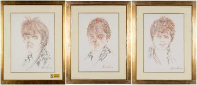 ‡ ANDREW VICARI (1932-2016) pencil and crayon - portrait triptych, 'Un Femme Du Pays De Galles', all