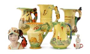 ASSORTED DECORATIVE JUGS, comprising five Burleigh Ware jugs, variously ornamented with flowers,