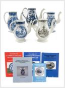 GOOD STUDY COLLECTION OF 19th C. WELSH PEARLWARE BALUSTER COFFEE POTS, printed in blue and in
