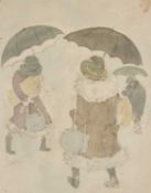‡ VERA BASSETT (1912-1997) watercolour - a group of ladies walking in the rain with umbrellas,