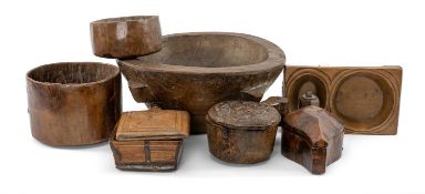 ASSORTED INDIAN CARVED WOOD CONTAINERS including spice boxes, large mortar, offering dish etc. (7)