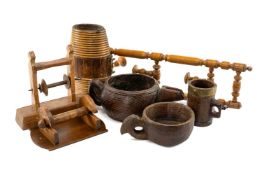 COLLECTION OF TREEN, including handled bowl, English half pint tankard, costrel with glass ends,