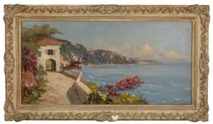 20TH C. ITALIAN SCHOOL oil on canvas - large coastal scene with sea front villa, unsigned, 39 x