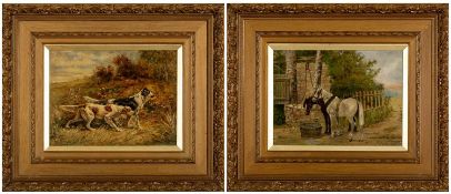 A. JULES oil on board – draught ponies watering, and pair of hunting dogs, one signed, 29 x 40cms (