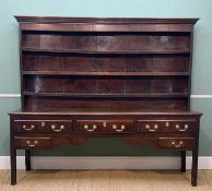 18TH CENTURY OAK HIGH DRESSER, boarded triple shelved Delft rack above base fitted with
