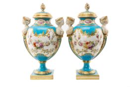 FINE PAIR MINTON NEOCLASSICAL VASES & COVERS, c. 1850-70, in the Sevres style, oviform bleu