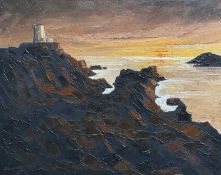 ‡ WILF ROBERTS (Welsh 1941 - 2016) oil on canvas - entitled verso 'Sunset, Llanddwyn', signed and