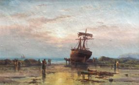 DUNCAN FRASER McLEA (1841-1916) oil on canvas - Sunset beachscape with fishermen, cocklers and hulk,