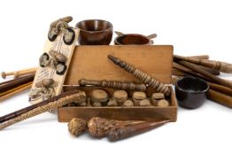 COLLECTION OF KNITTING, SPINNING AND SEWING TREEN, including knitting needles, wool bowls (lignum