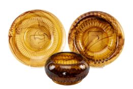 DAVIDSON-STYLE 1930s PRESSED GLASSWARE, in smoky brown, comprising bowl, everted lip bowl and plate,