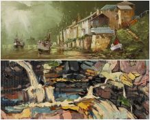 ‡ JACK R. MOULD (1925-1998) oil on canvas - Cornish fishing village, entitled verso, 'mousehole',