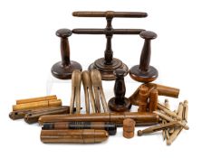 COLLECTION OF SEWING TREEN, including table edge thread carrier, needle cases, hardwood carpet