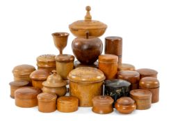 ASSORTED TREEN, including carved apple box, pedestal potpourri vase, goblet with asymmetric stem,
