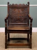 17TH C. OAK WAINSCOT CHAIR, back carved stylised tree with fleshy leaves, down scrolled arms,