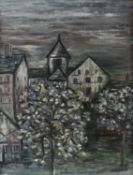 MANNER OF GWILYM PRICHARD on canvas - view of buildings, possibly Penmon Priory, unsigned, 45 x