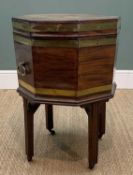 GEORGE III BRASS BOUND OCTAGONAL CELLARETTE, hinged top, fitted interior, four moulded legs, brass