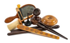 COLLECTION OF DRESSING TABLE TREEN, including ringlet former, wig powdering brush, stay busk, long