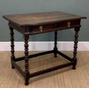 17TH C. OAK SIDE TABLE having cleated top above long lap-jointed 'hung' frieze drawer, grooved