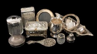 ASSORTED SILVER COLLECTABLES, including Christening tankard, cut glass jar & box, tall cigarette