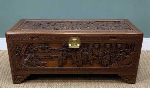 20TH C. CHINESE BLANKET CHEST, carved on all sides with Manchu figures in interiors, floral borders,