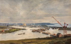 ANTHONY FLEMMING (b.1936) watercolour - Barry Docks, with Ranks Flour Mill and a Geest Line cargo