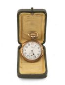 9CT GOLD WALTHAM FOB WATCH, white Arabic dial with subsid. secs. dial, signed dial and movement,