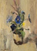 ‡ WALLACE F. BROWN oil on board - entitled verso, 'Pansies & Heather', signed, dated verso 1984,