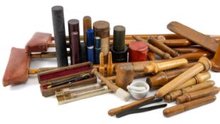 COLLECTION OF MEDICAL TREEN, surgeon's mallet, thermometer cases, injection syringes, douche