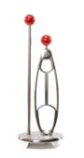 STYLISH MID-CENTURY IANTHE CHROMED STEEL FIRESIDE COMPANION SET, the red knob handled poker and