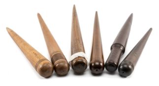 SIX MARINER'S TREEN FIDS, all tapering circular section, one with plaited rope ornament to handle,