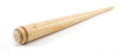 RARE WALRUS IVORY MARINER'S FID, tapering circular section with turned ornament to top, 45.5cms (