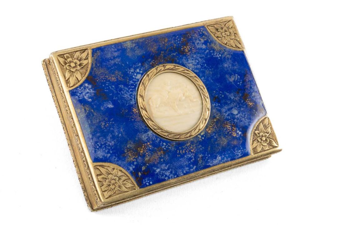 FABERGE-STYLE SILVER GILT & ENAMEL SNUFF BOX, the cover decorated with blue enamel imitating lapis - Image 1 of 2