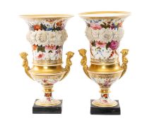 PAIR ENGLISH BONE CHINA CAMPANA VASES c. 1830, probably Davenport, painted and applied flowers, matt