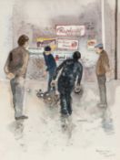 ‡ RAY EVANS (1920-2008) watercolour - entitled, 'Petanque Players, Picaroy', signed, 24 x 19cms