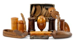 ASSORTED TREEN, including miniature 'toy' dishes and goblet, 2 pounce pots, carved box in the
