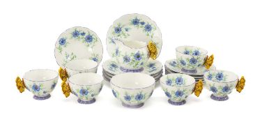 RARE AYNSLEY 'BLUE CORNFLOWER' BUTTERFLY HANDLE CHINA TEA SERVICE, pattern no. B1325, petal shape