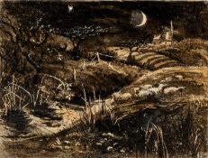 ‡ KEITH ANDREW (b.1947) ink & wash - entitled verso, 'River Moon, Study for Etching' on Oriel
