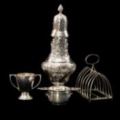 FOUR SILVER COLLECTABLES, comprising oversized pyriform sugar caster, London 1897, 24cms (h),