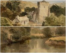 ‡ ARTHUR MILES watercolours (a pair) - village scene with large church at the centre; landscape with