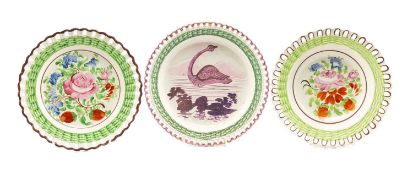 THREE SWANSEA POTTERY ARCADED RIM DISHES, c. 1820-50, comprising Dillwyn & Co. pink lustre plate