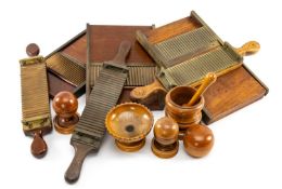 COLLECTION OF PHARMACY RELATED TREEN including, three pill rolling boards, test-tube holder,