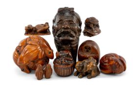 ASSORTED JAPANESE MINIATURE WOOD CARVINGS including various 20th C. netsuke, two Chinese carved