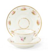 SWANSEA PORCELAIN TEA CUP, SAUCER & DISH, former with Ozier moulded borders painted with roses and