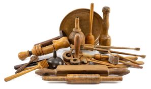 COLLECTION OF KITCHEN TREEN, including mashers, bottle corker, cabbage press, leather buffer, barrel