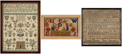 THREE NEEDLEWORK SAMPLERS, by Louise Adams, aged 11 years, dated 184*, comprising good early