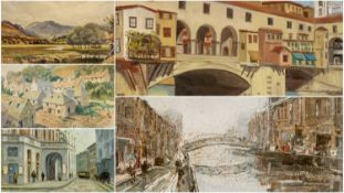 SMALL GROUP OF FIVE PAINTINGS watercolours and oils - various landscapes, some signed, various sizes