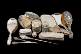 ASSORTED SILVER DRESSING TABLE ITEMS, including pair oval brushes with monograms, 4 other brushes, 2