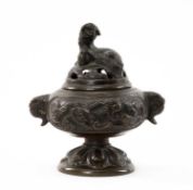 SMALL JAPANESE PATINATED BRONZE KORO & COVER, pierced domed cover with karashishi knop, compressed