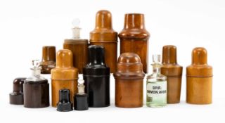 COLLECTION OF PHARMACY TREEN, boxwood, olive etc. cased bottles Provenance: the Karl Johansen (
